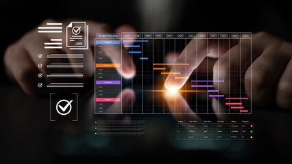 A project management dashboard for business. The interface features a Gantt chart to visualize the...