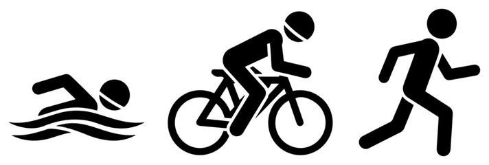 Fototapeta premium Three black silhouette icons representing triathlon sports swimming cycling and running