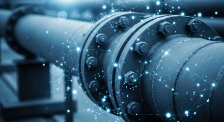 Close-up of a large industrial pipeline with a glowing blue digital network overlay.