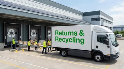 Returns recycling truck warehouse loading dock logistics with workers handling boxes and packages in bright daylight industrial area management - Powered by Adobe