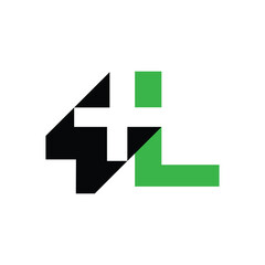 this is a flat logo design that depicts an initial letter L with a plus medical cross sign in green and black color on a white background