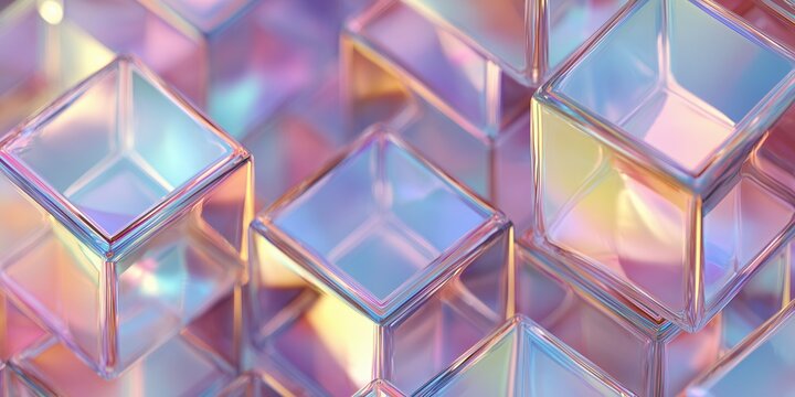 a background of glass cubes in iridescent holographic colors, creating an abstract and modern design with soft lighting and a sense of depth Generative AI - Powered by Adobe