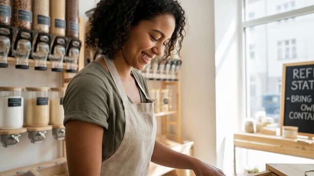 Smiling woman managing bulk food refill station with jars and pasta in eco friendly store promoting sustainable infrastructure and refill management