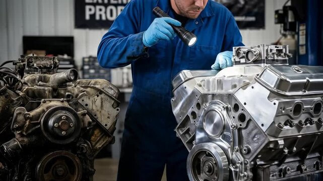 Engine inspection and repair in workshop with mechanic using flashlight examining metal machinery parts showing detailed mechanical inspection