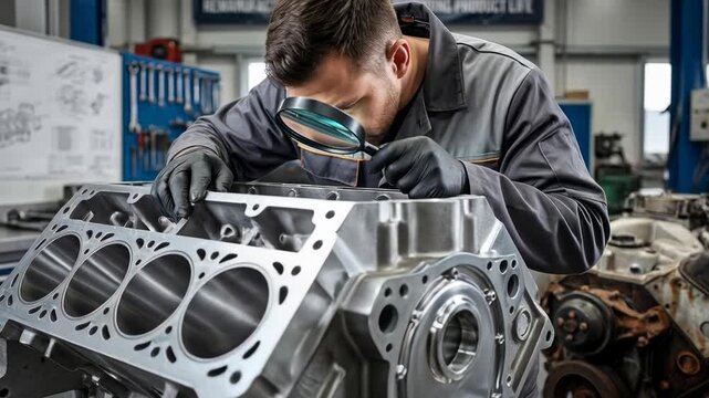Engine inspection with magnifying glass in mechanic workshop showcasing metal machinery repair and maintenance for automotive service and management