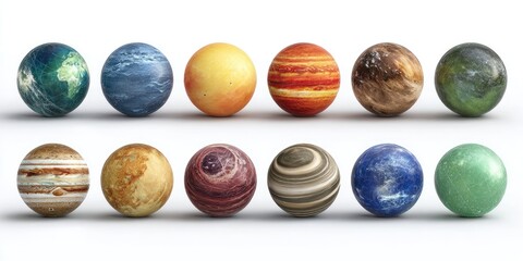 Diverse planets arranged in two rows against a clean white backdrop