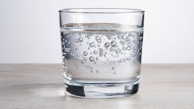 Clear glass tumbler filled with effervescent water and a few white tablets