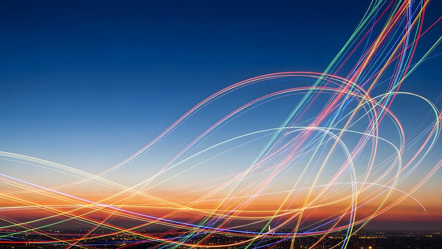 Colorful light trails creating patterns in the sky at dusk   - Powered by Adobe