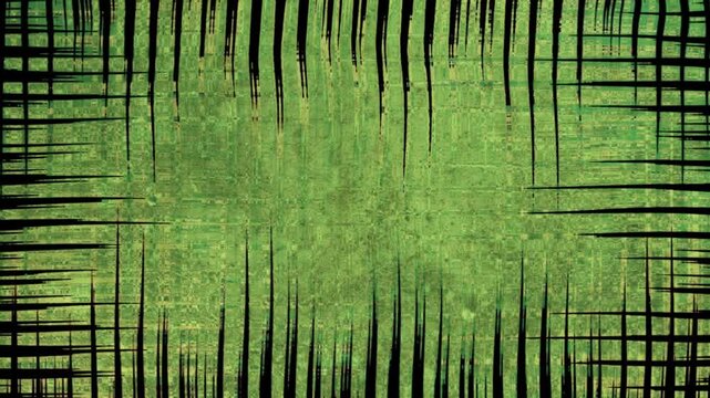 Abstract green grunge textured background with digital glitch distortion and sharp black frame spikes for creative motion graphic projects