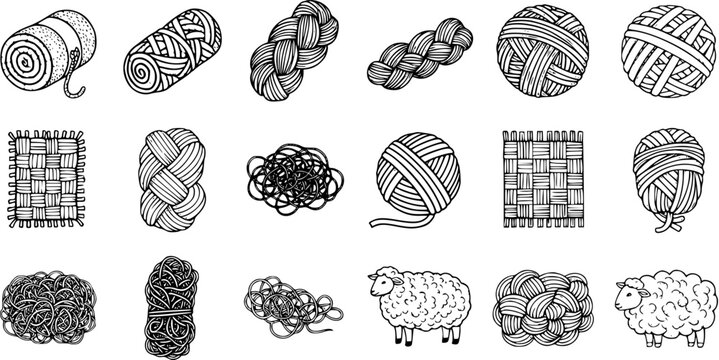 Hand-drawn doodle icons set of yarn, wool, sheep, and textile crafts for knitting, crochet, and creative handmade projects