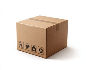 Plain brown cardboard box taped shut with safety symbols on it, isolated
