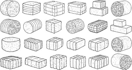 Set of Hand-Drawn Hay Bales and Straw Bales Line Art Icons. Collection of Round and Rectangular Farm Bales, Stacked and Isolated on White Background for Agriculture Theme. © pixsource