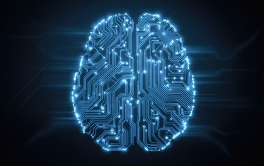 Glowing circuit-style brain outline on dark backdrop with light trails