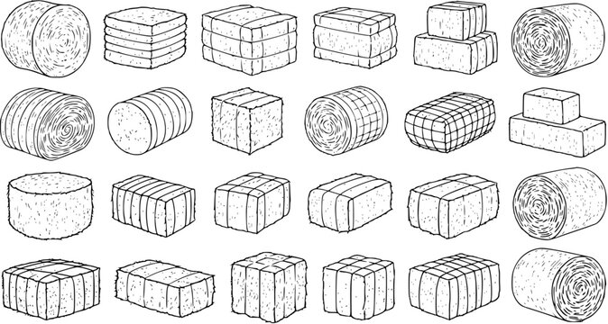 Set of Hand-Drawn Hay Bales and Straw Bales Line Art Icons. Collection of Round and Rectangular Farm Bales, Stacked and Isolated on White Background for Agriculture Theme.