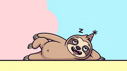 Cartoon sloth sleeping on its back with a party hat.