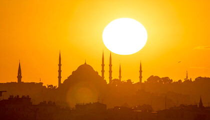 istanbul mosque silhouette with towering minarets and city buildings against a vibrant orange sunset sky capturing a serene cultural landmark vista