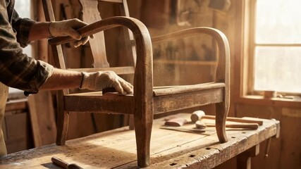 Woodworker sanding vintage chair frame workshop with sunlight highlighting dust particles showcasing craftsmanship and expert management of tools