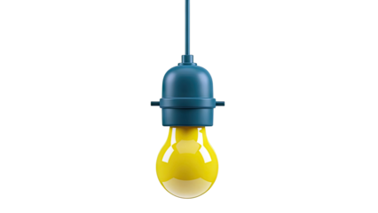 Yellow light bulb with dark teal socket on white background