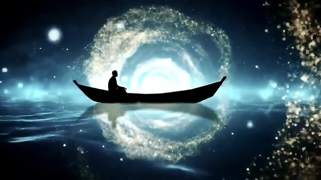 Silhouette of a lone rower in a boat gliding across tranquil waters beneath a luminous cosmic spiral and starry night sky