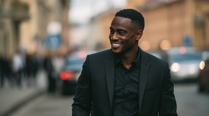 Fototapeta premium portrait of a handsome smiling young businessman boss in a black suit walking on a city street to his company office. blurry street background, confident