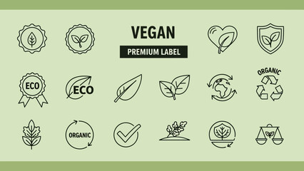 A collection of line art icons representing vegan, eco-friendly, organic, and sustainable concepts, featuring leaves, badges, recycling symbols, and a checkmark. © Airwj