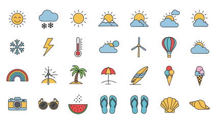 A vibrant collection of weather and summer vacation themed line icons with colorful fills, depicting various elements like sun, clouds, snow, lightning, beach items, and travel accessories. © Airwj