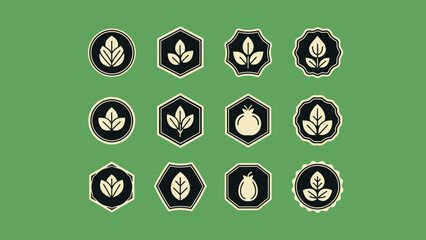 A collection of twelve stylized plant and leaf icons or badges in various geometric shapes on a green background, suitable for organic or nature-themed branding.