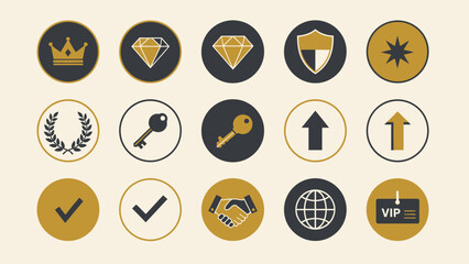 Collection of premium quality and success-themed flat design icons in gold and dark grey circles on a light background.