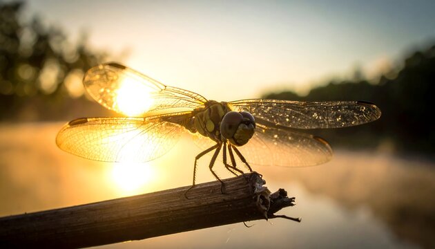 Dragonfly perched on twig with morning light illuminating its translucent wings and the misty background - Powered by Adobe