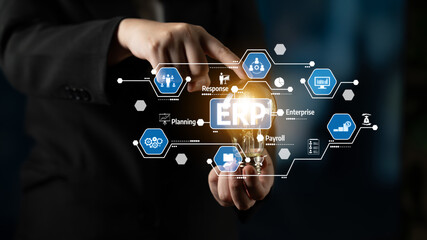 A business professional holds a light bulb symbolizing innovation and technology while showcasing various aspects of enterprise resource planning and management solutions. Tessel