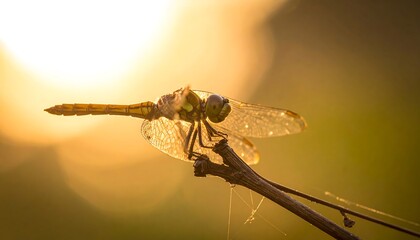 Dragonfly sits on a twig, backlit by sun. Golden hue with blurred background. Close up insect image