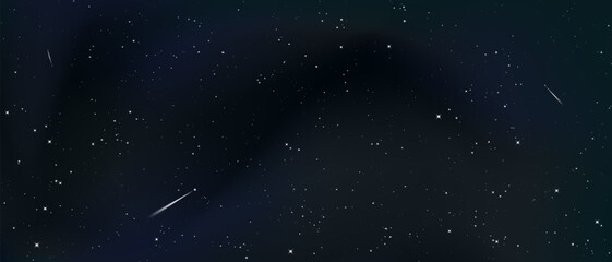 Dark starry sky features a glowing milky way galaxy with cosmic nebula dust. Beautiful night space universe with constellations and bright starlight creates a magic celestial vector background. © Azat Valeev