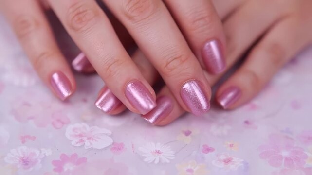 Close-up of hands with shiny pink nail polish, resting on a floral patterned surface