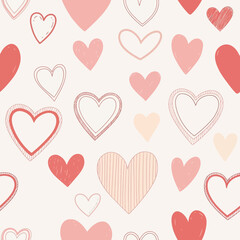 Seamless Pattern of Pink and Red Hearts on Cream Background, Valentine's Day Design