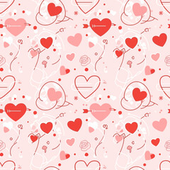 Seamless Valentine's Day Pattern: Hearts, Arrows, Roses on Pink Background