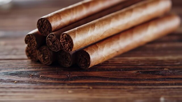 Close-up of rolled brown tobacco products, arranged on a textured wooden surface, in soft light