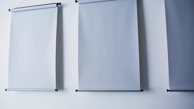 Three blank, unfurled projection screens hang on a white wall, shadows visible