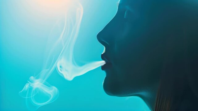 Ethereal Silhouette: A captivating side profile of a person exhaling a cloud of delicate smoke. A poetic representation of inner peace.