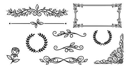Fototapeta premium Collection of black calligraphic floral dividers, vintage frame, corner ornament, and laurel wreaths for elegant wedding invitation or menu design.