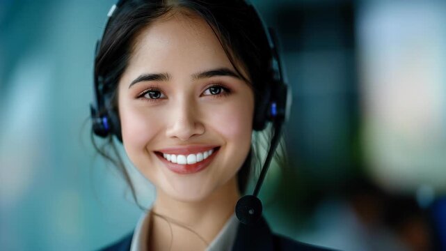 Friendly Customer Service: A friendly and approachable young woman with a warm smile, wearing a headset, exudes confidence in providing exceptional customer support.