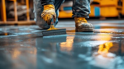 Construction worker applying epoxy resin to a concrete floor for durability and a polished finish