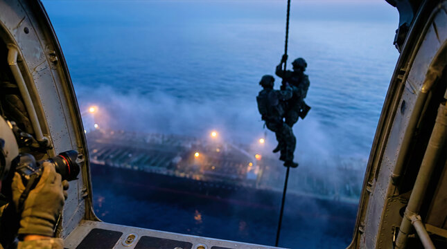 Military operators fast roping from a helicopter onto an oil tanker at night. Special forces soldiers descending during a maritime security mission. POV of combat photographer documenting the raid