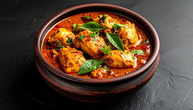 Sri Lankan chicken curry in clay bowl, rich dark gravy, visible spices and oil texture, dramatic side lighting, black background, ultra detailed, no people, no text