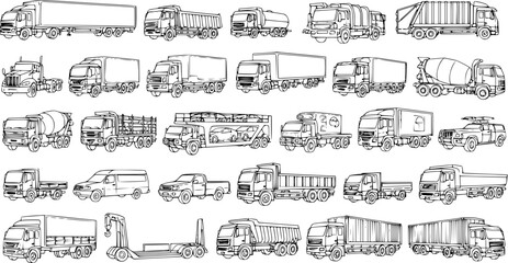Trucks and Transportation Vehicle Line Art Illustration: Diverse Commercial and Personal Trucks Collection