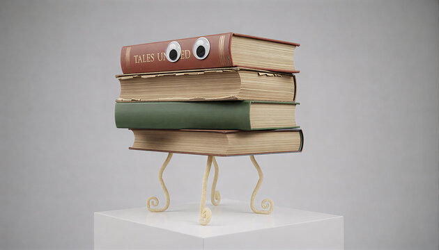 Funny stack of old books with googly eyes standing on ornate furniture legs in a white studio