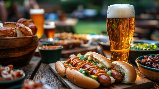 Delicious picnic spread with hot dogs, beer, and snacks on a wooden table outdoors