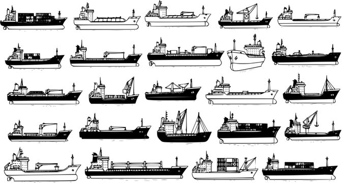 Hand-Drawn Black and White Line Art Set of Various Cargo Ships and Merchant Vessels. Diverse Collection of Merchant Marine Boats for Maritime Transport and Logistics Illustrations