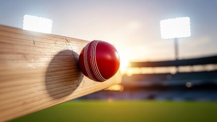 Close-up of cricket bat and ball impact moment during night match,Red cricket ball striking wooden bat with blurred stadium background,Hitting red cricket ball,Cricket bat hitting red ball