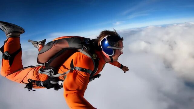 Skydiver Freefalling Above Clouds in Blue Sky