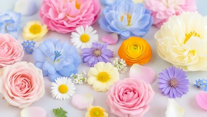 Delicate pastel blooms composition, floral arrangement for invitation cards